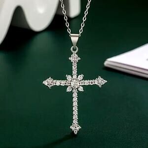 925 Serling Silver Necklace w/ CZ Cross & Star Woman's Valentine's Birthday Gift